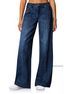High Waisted Wide Leg Stretchy Baggy Jeans Front Seam Five Pocket Pull On